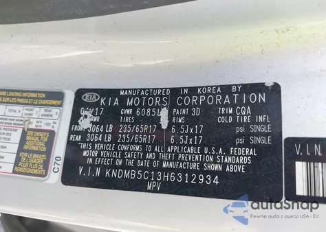 2017 Kia Sedona Lx z USA, uszkodzony, nr VIN KNDMB5C13H6312934